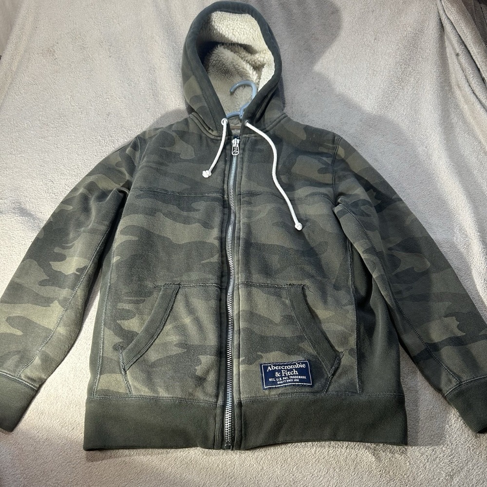 Abercrombie & Fitch Camo Sherpa Lined Full Zip Hoodie Jacket Mens S Small